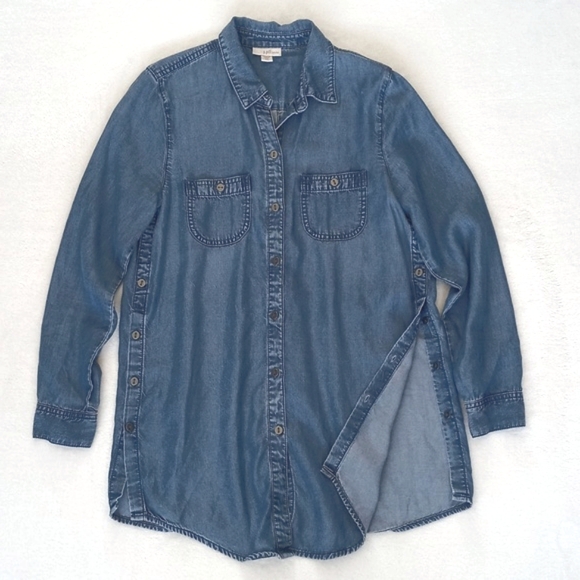 J. Jill Chambray Denim Lyocell Long Sleeve Button Down/ Side Boyfriend Shirt XSP - Picture 2 of 15